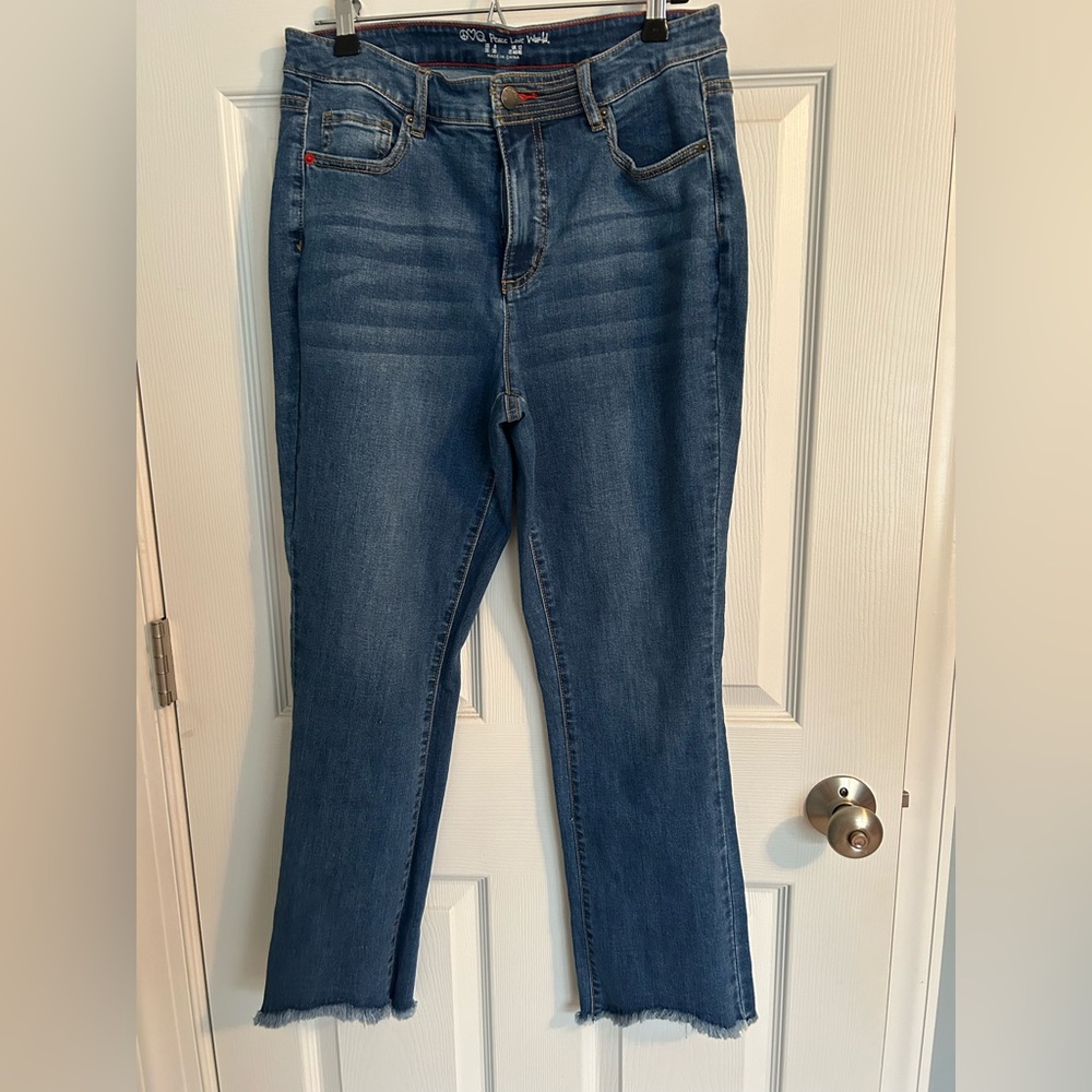 Peace Love World Regular Slim Straight Raw Hem Jeans size 8. medium wash